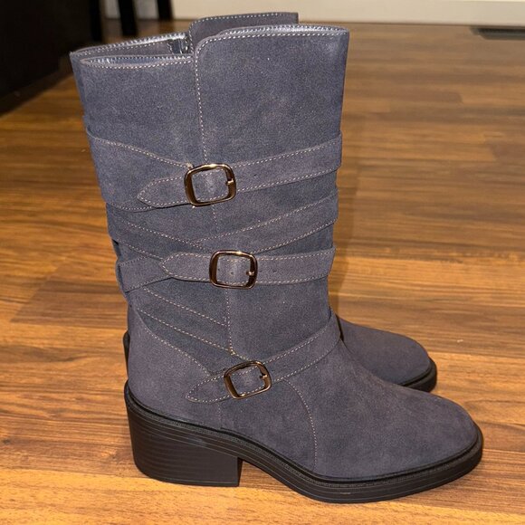 Stylish Gray Suede Mid-Calf Boots with Buckle Straps – Women’s Size 7 - Picture 3 of 9
